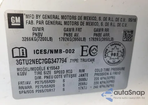 2016 GMC Sierra K1500 Slt from USA, damaged, VIN 3GTU2NEC7GG347794